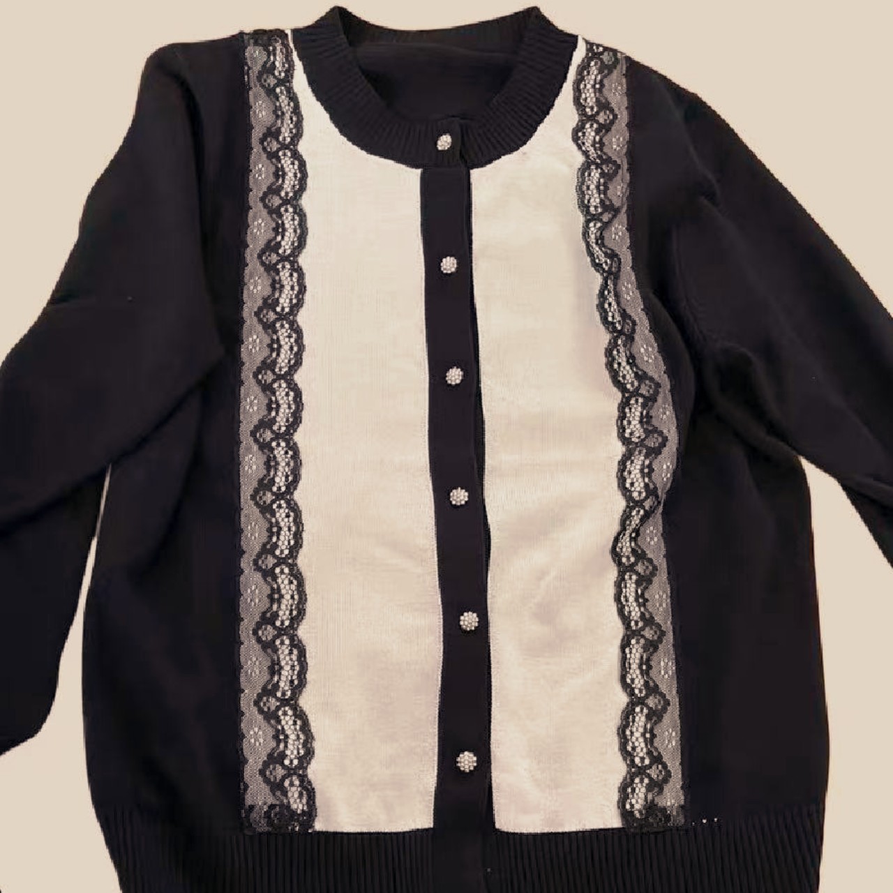 骨格ウェーブバイカラーリボンレースカーディガン