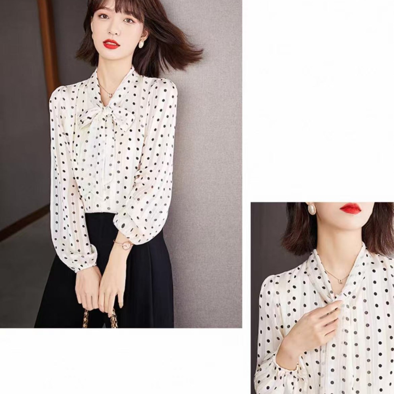 骨格ウェーブ服ドット柄2wayボウタイブラウストップス