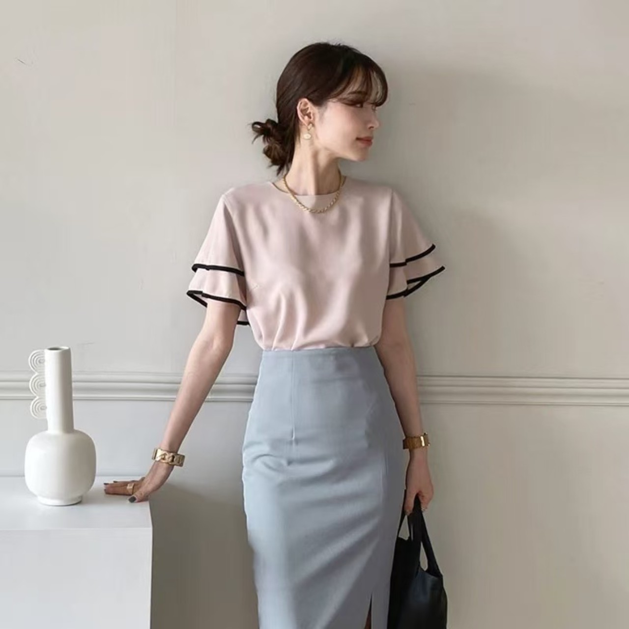 骨格ウェーブ服バイカラーブラウストップス