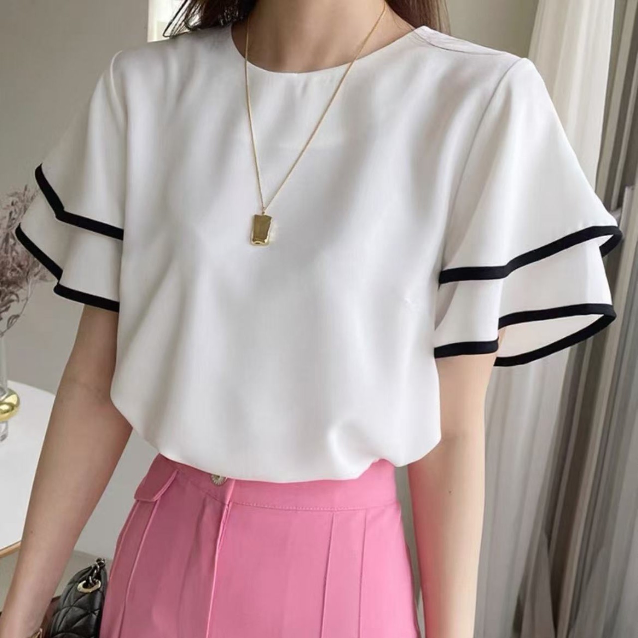 骨格ウェーブ服バイカラーブラウストップス