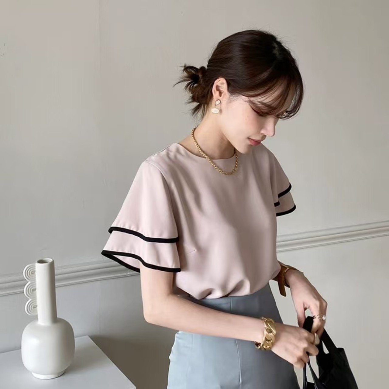 骨格ウェーブ服バイカラーブラウストップス