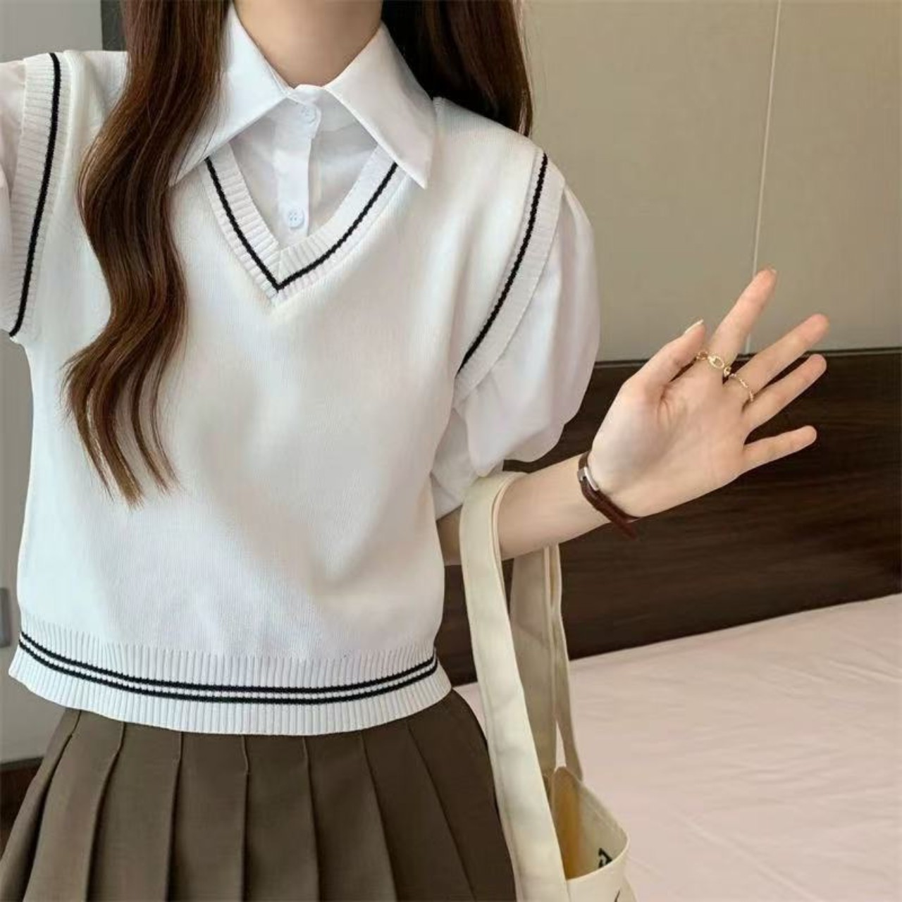 骨格ウェーブフェイクツーピースカレッジスタイルベスト