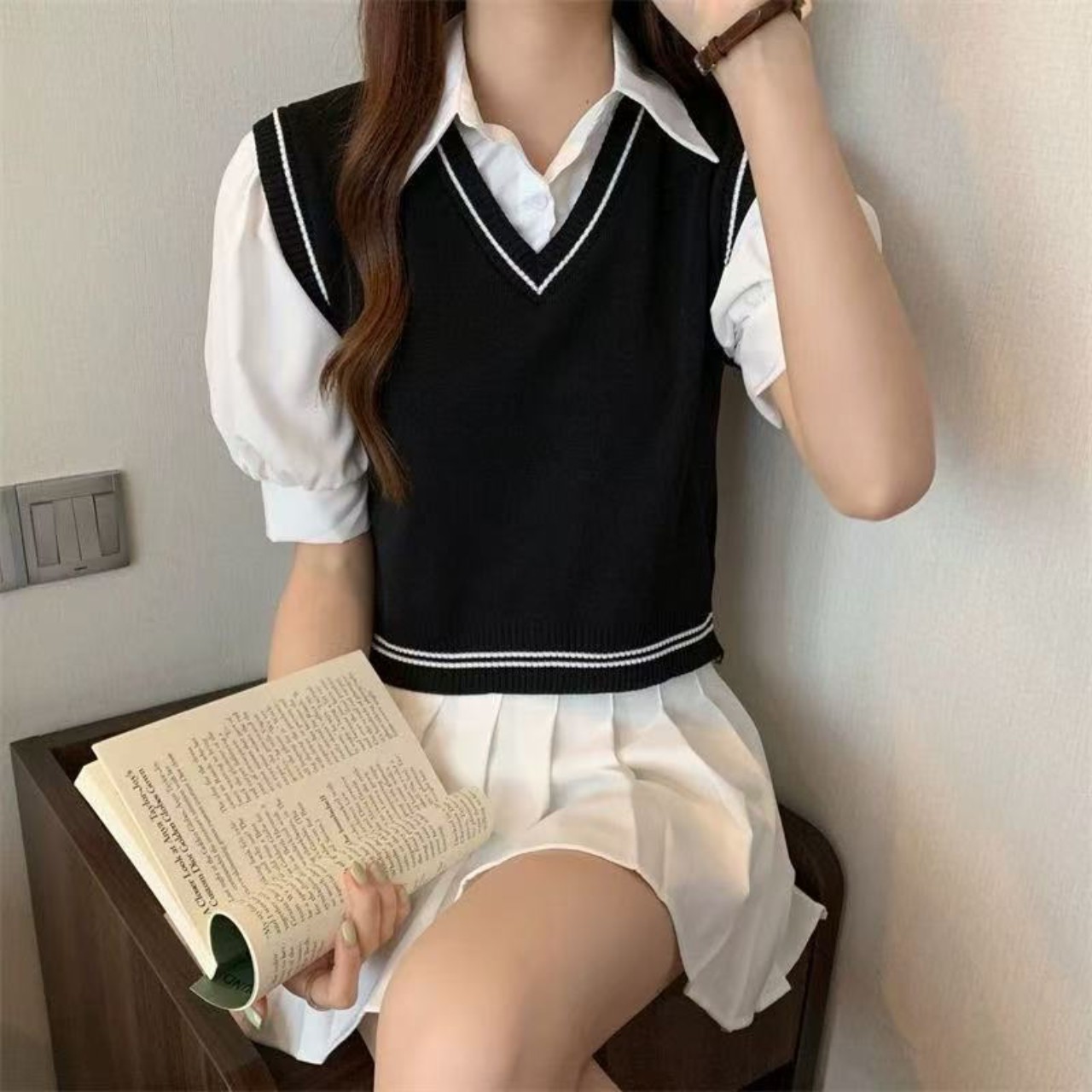 骨格ウェーブフェイクツーピースカレッジスタイルベスト