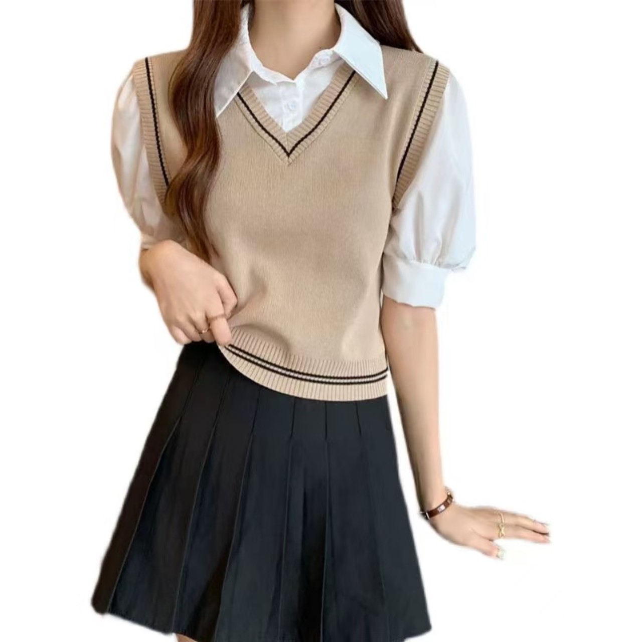 骨格ウェーブフェイクツーピースカレッジスタイルベスト