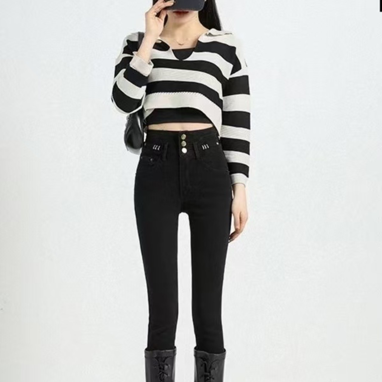骨格ウェーブ服ハイウエストスキニーパンツ