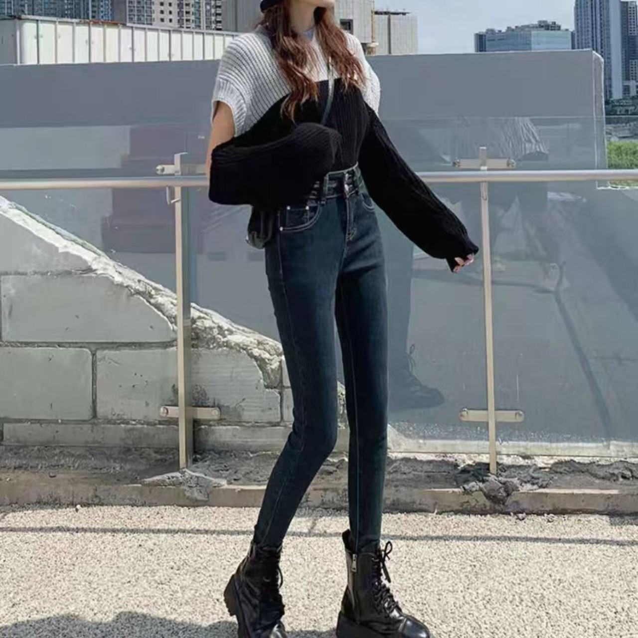 骨格ウェーブ服ハイウエストスキニーパンツ