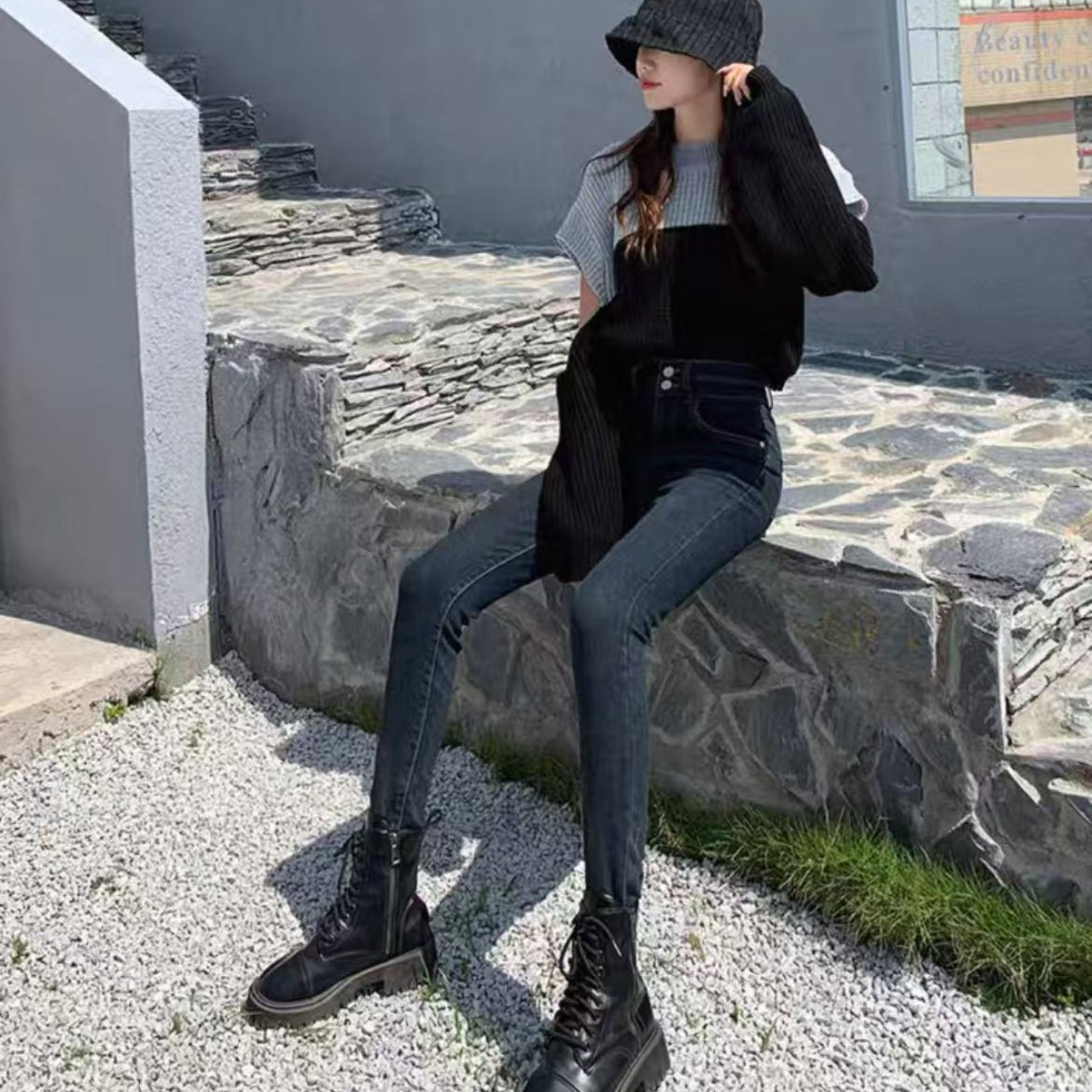 骨格ウェーブ服ハイウエストスキニーパンツ