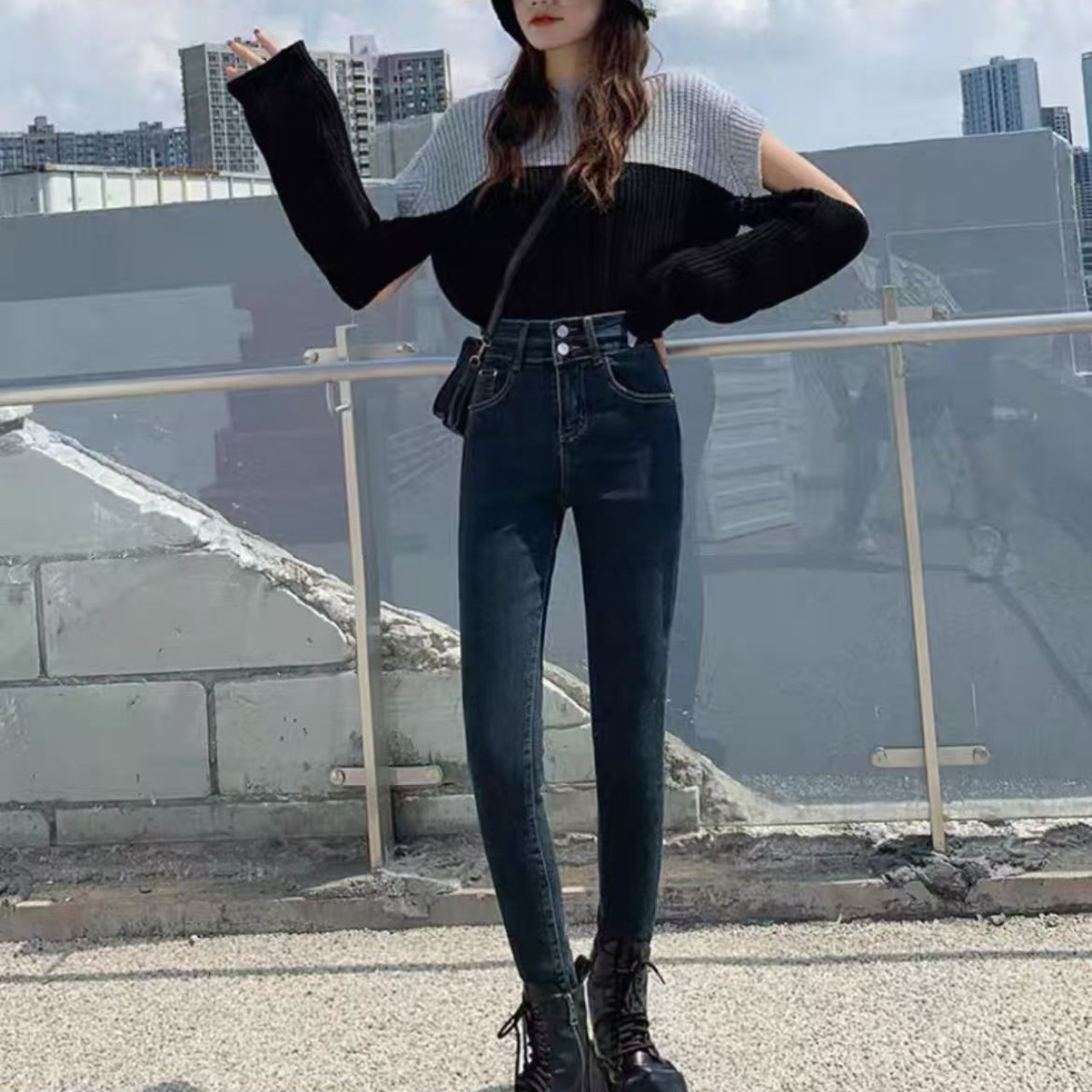 骨格ウェーブ服ハイウエストスキニーパンツ