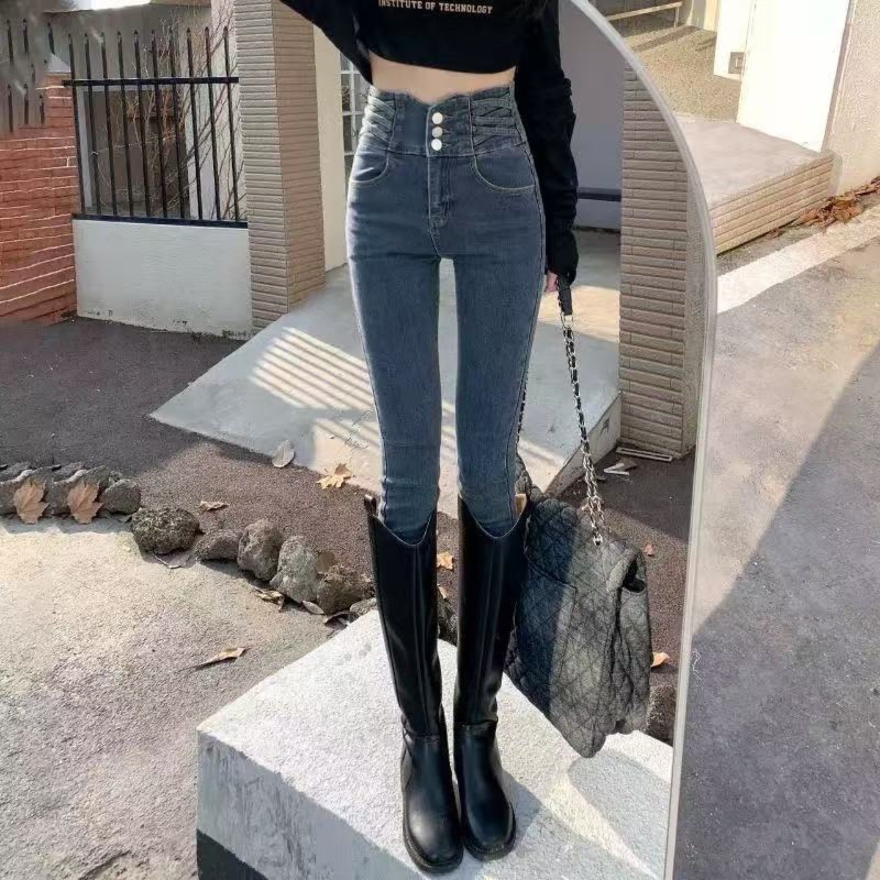 骨格ウェーブ服ハイウエストスキニーパンツ