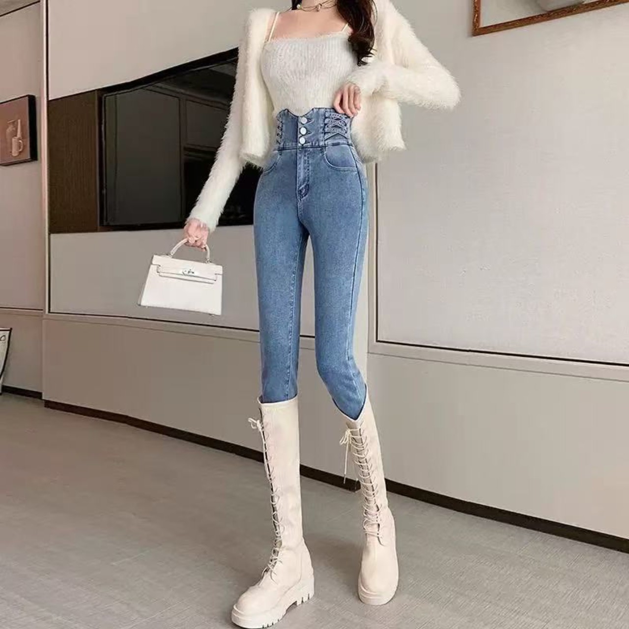 骨格ウェーブ服ハイウエストスキニーパンツ