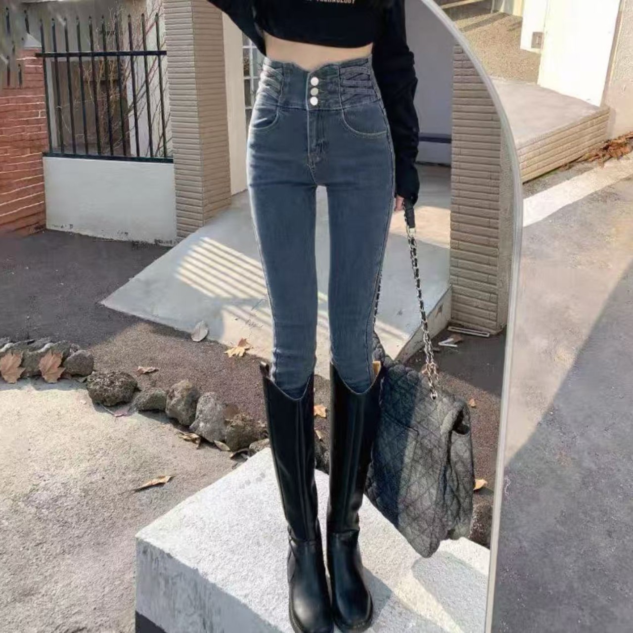 骨格ウェーブ服ハイウエストスキニーパンツ