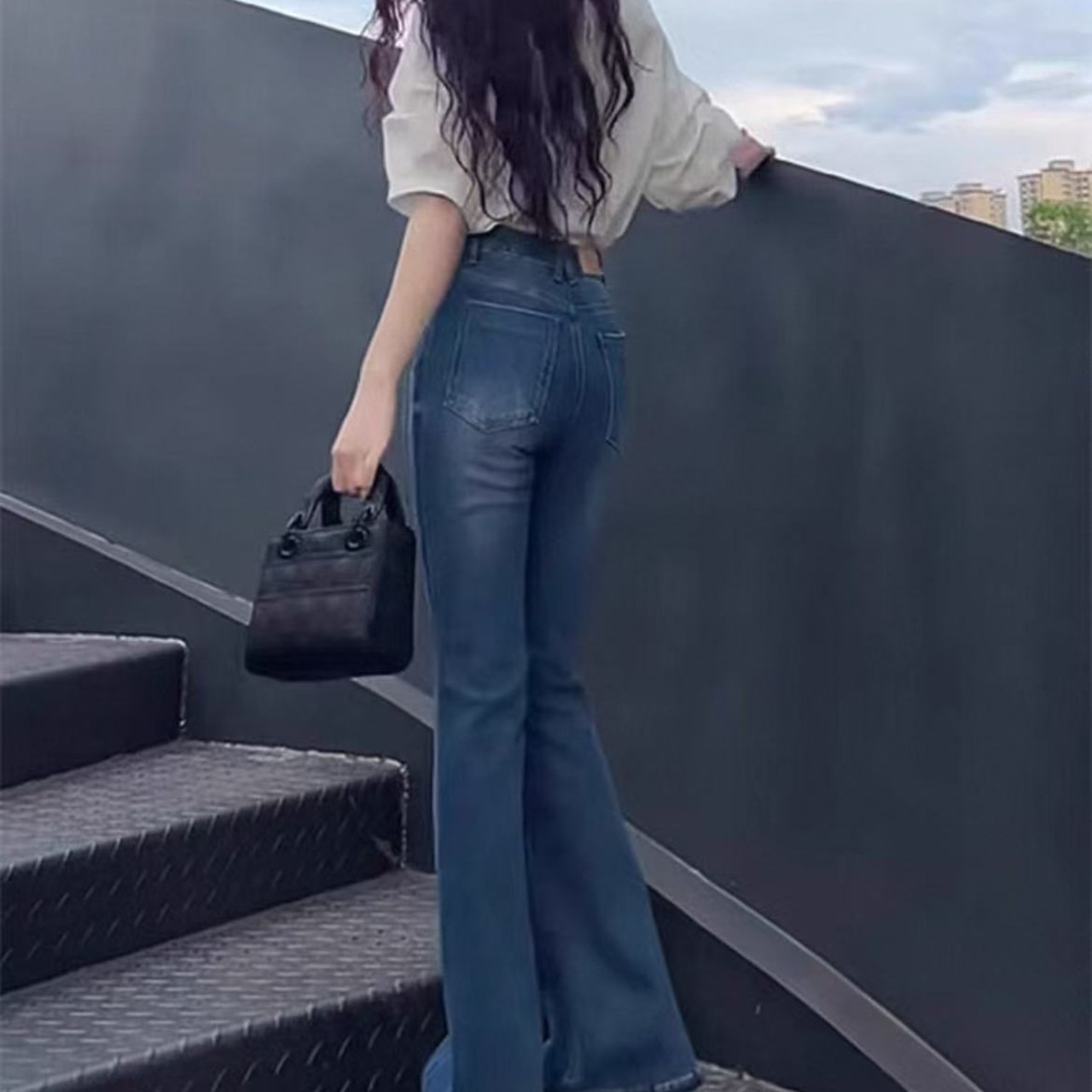 骨格ウェーブ服ハイウエスト上品なフレアパンツ