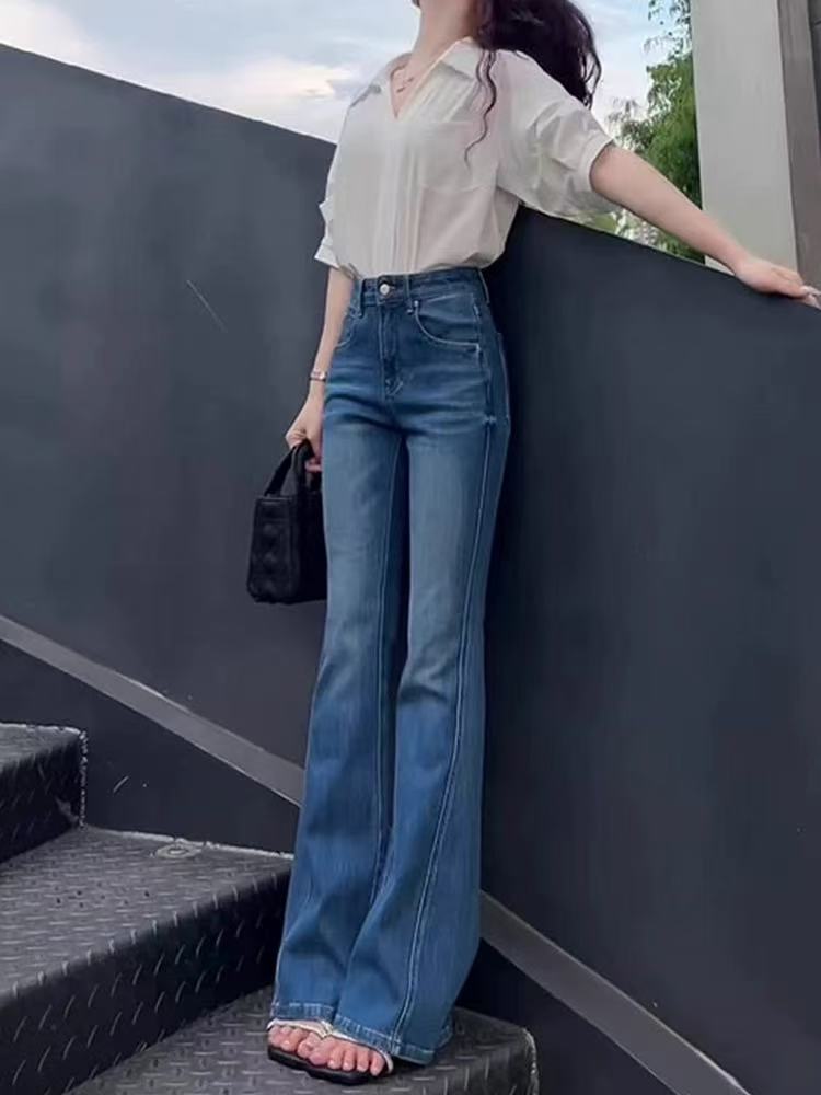 骨格ウェーブ服ハイウエスト上品なフレアパンツ