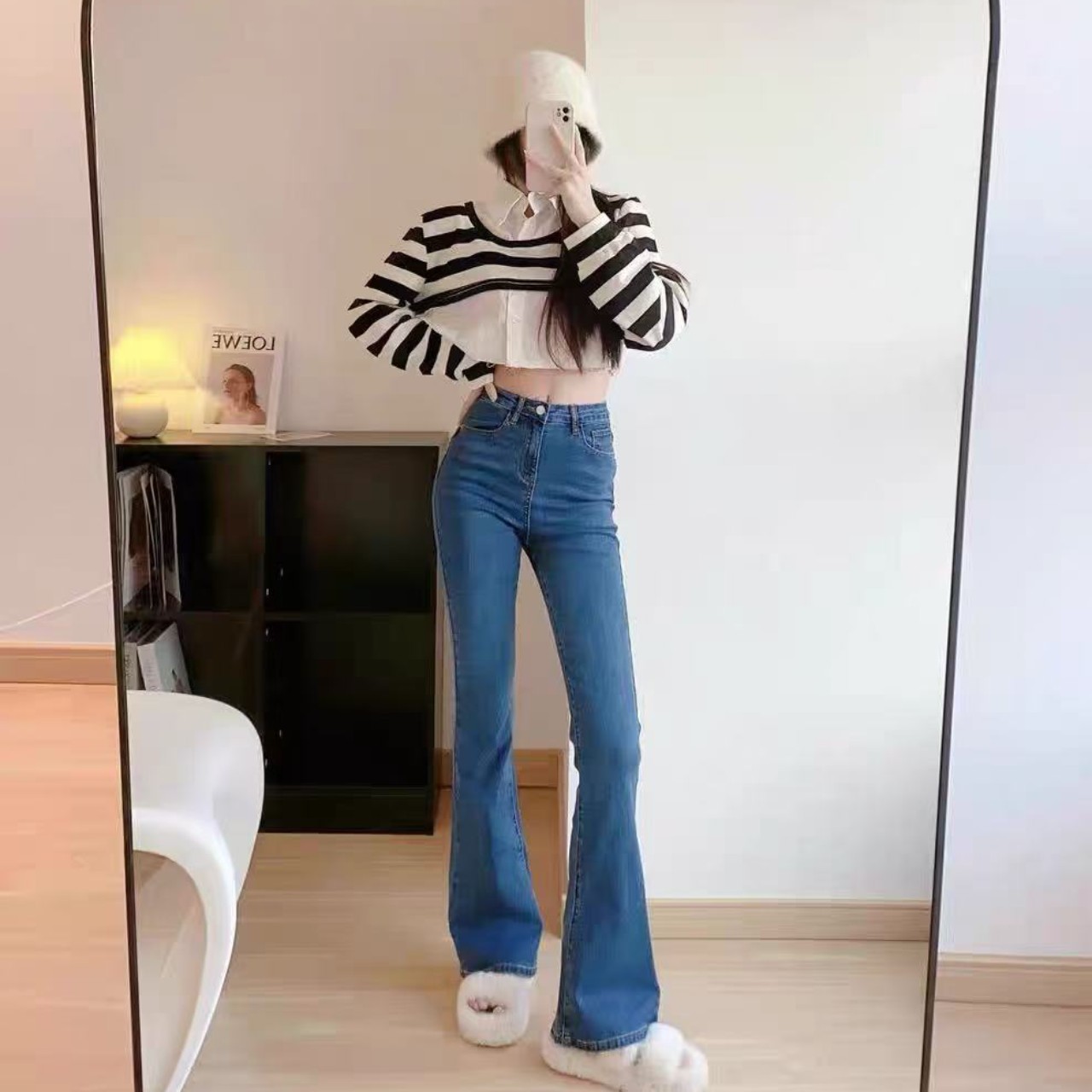 骨格ウェーブ服ハイウエスト上品なフレアパンツ