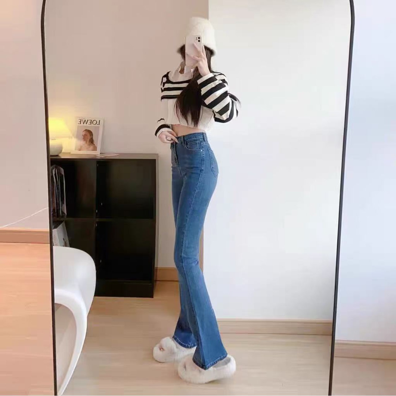 骨格ウェーブ服ハイウエスト上品なフレアパンツ