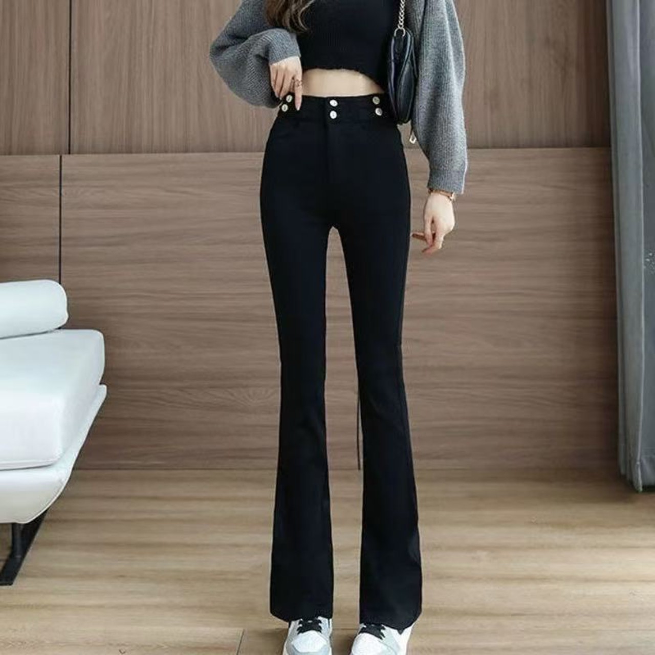 骨格ウェーブ服ハイウエスト定番フレアパンツ