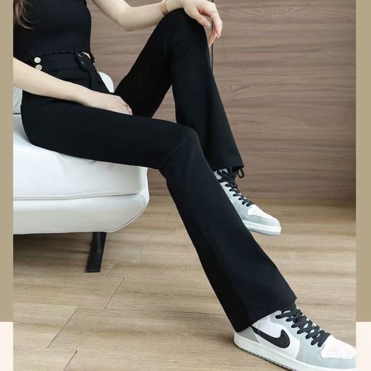 骨格ウェーブ服ハイウエスト定番フレアパンツ