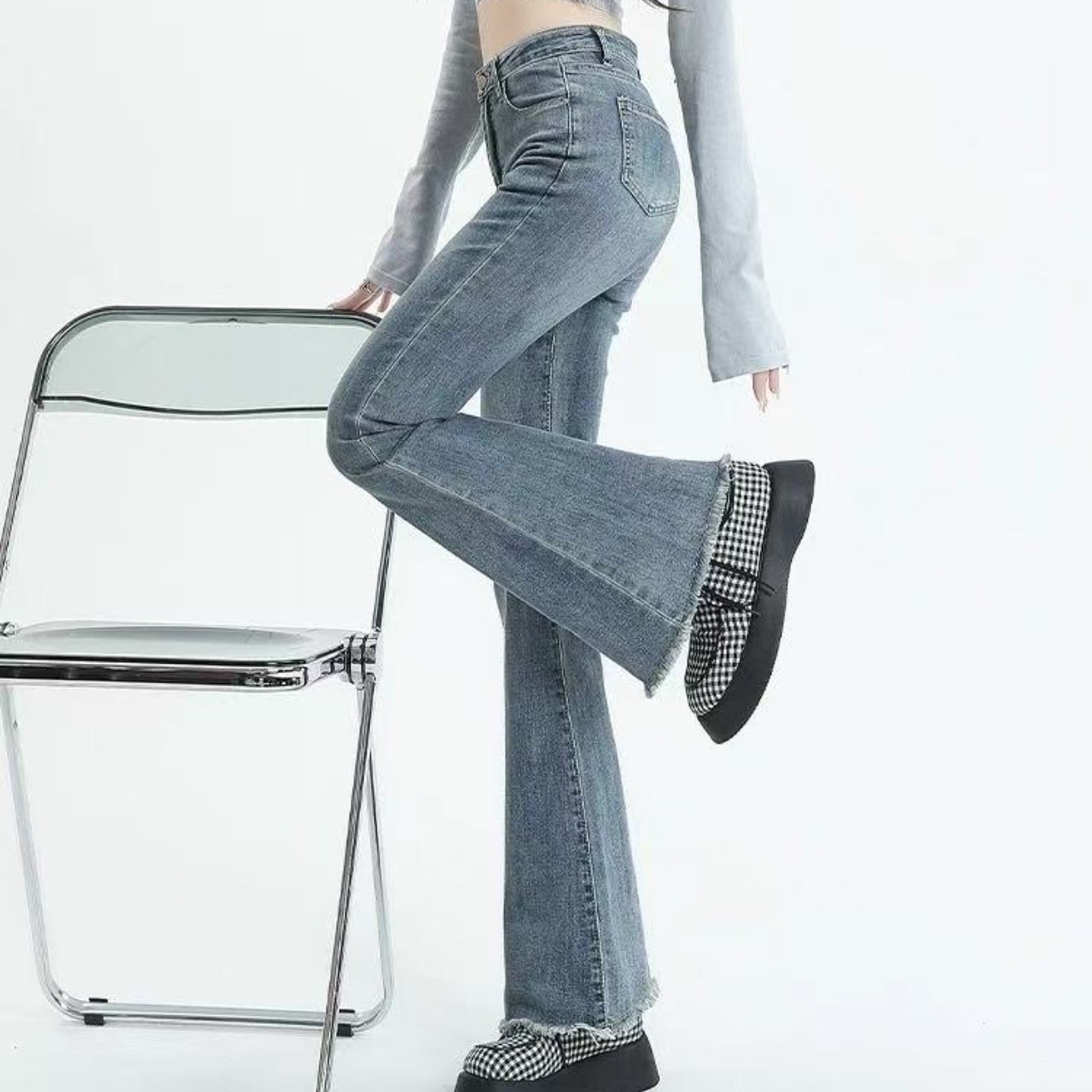 骨格ウェーブハイウエストフレアデニムパンツ