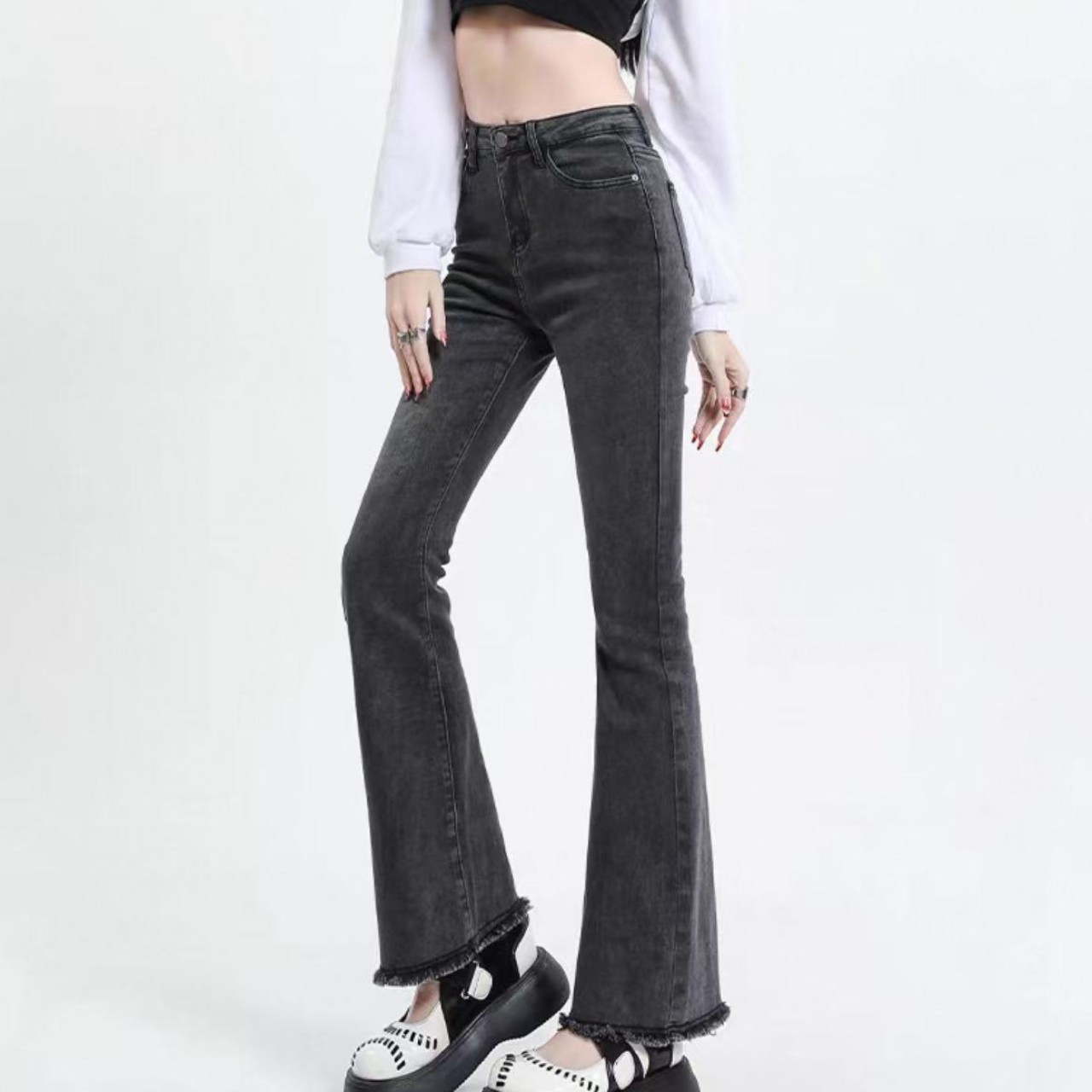 骨格ウェーブハイウエストフレアデニムパンツ