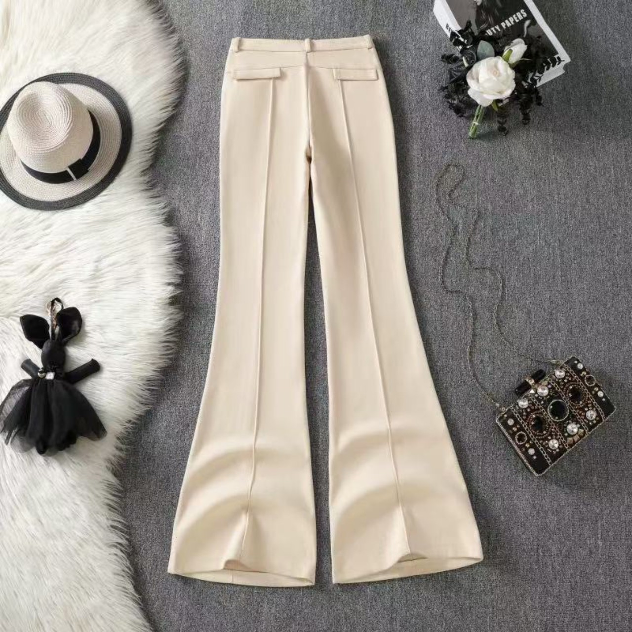 骨格ウェーブ服ハイウエストフロントフレアパンツ