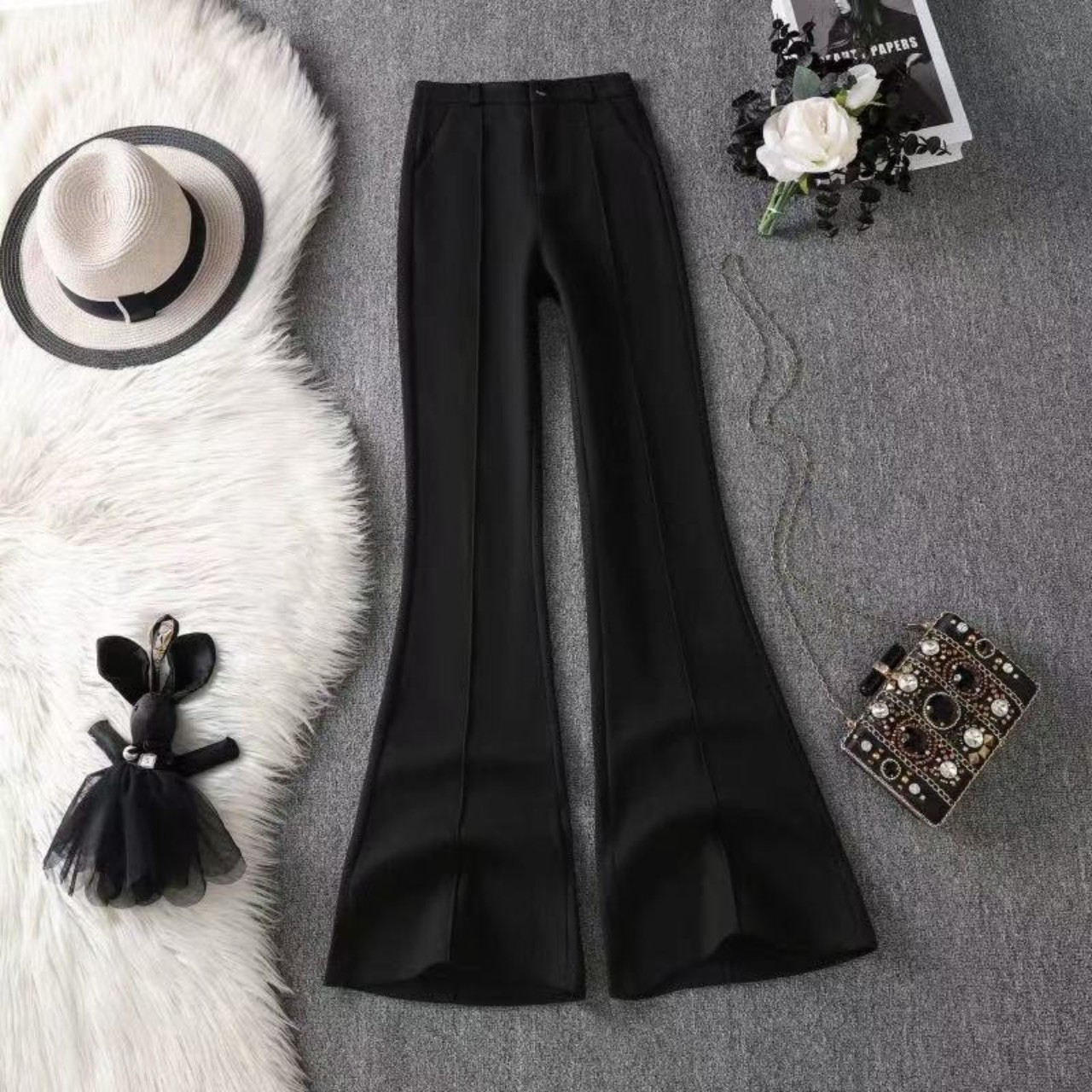 骨格ウェーブ服ハイウエストフロントフレアパンツ