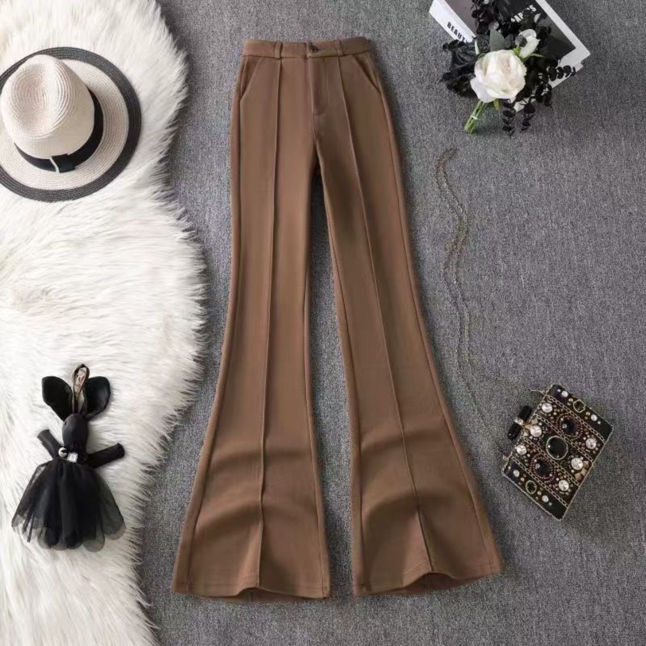 骨格ウェーブ服ハイウエストフロントフレアパンツ