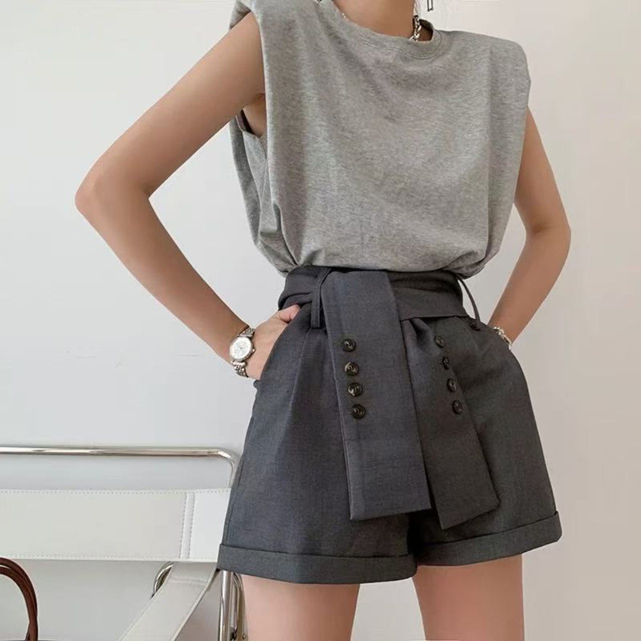 骨格ウェーブ絞りハイウエストパンツ