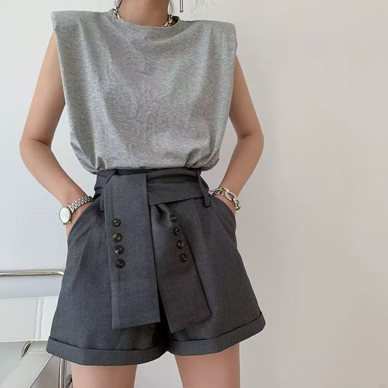 骨格ウェーブ絞りハイウエストパンツ