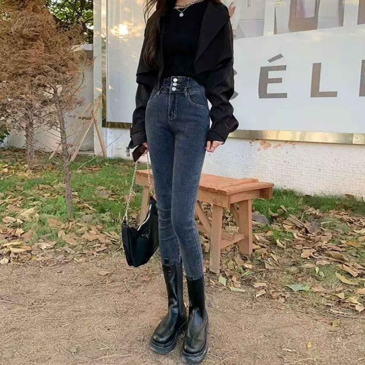 骨格ウェーブボタンハイウエストタイトフィットスキニーパンツ