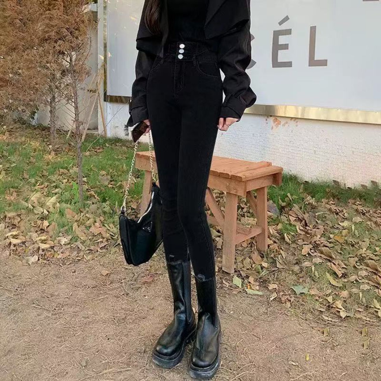 骨格ウェーブボタンハイウエストタイトフィットスキニーパンツ