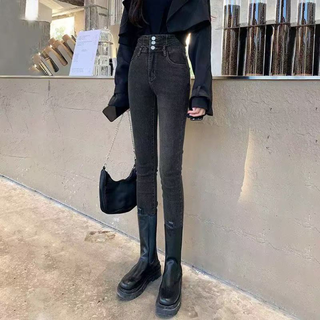 骨格ウェーブボタンハイウエストタイトフィットスキニーパンツ