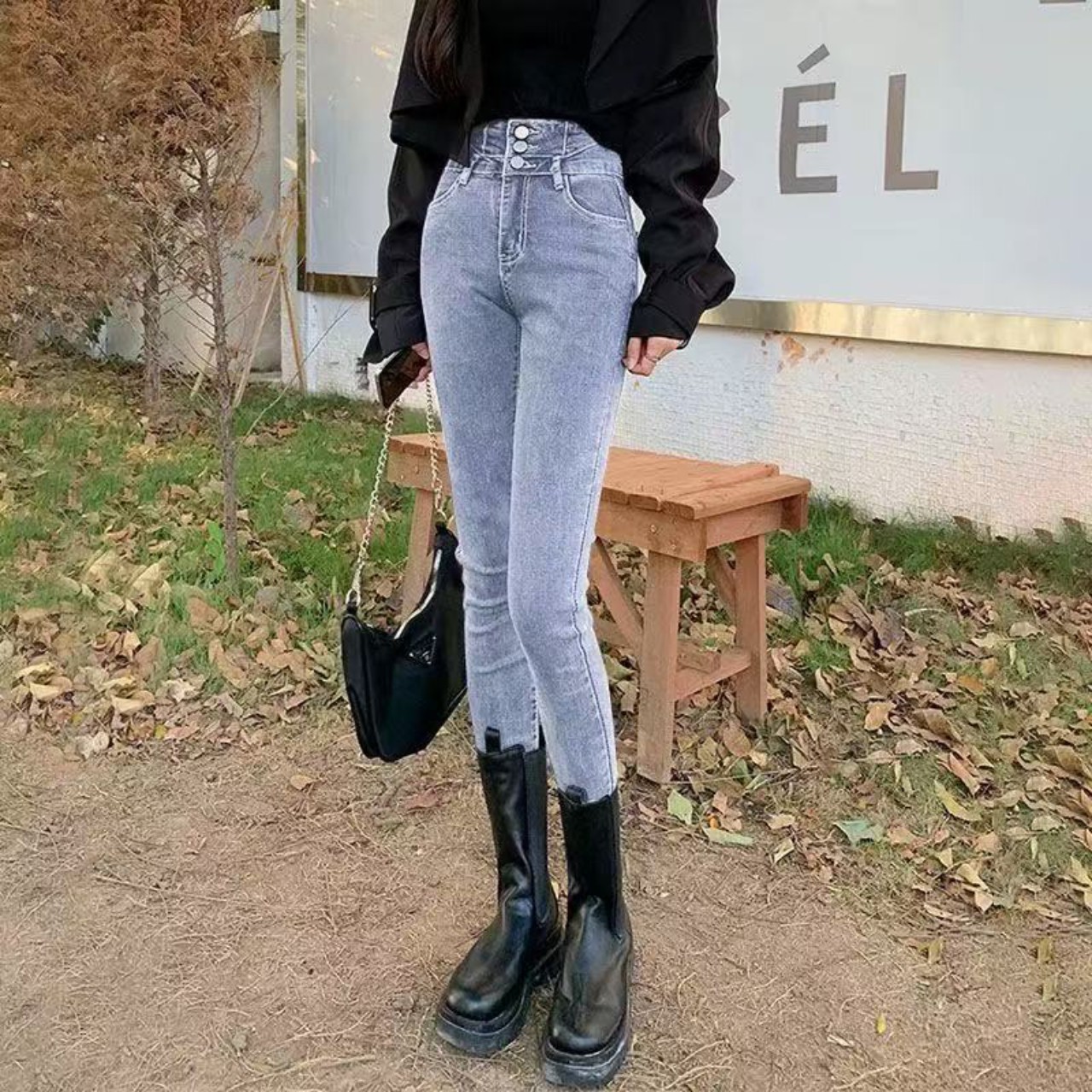 骨格ウェーブボタンハイウエストタイトフィットスキニーパンツ