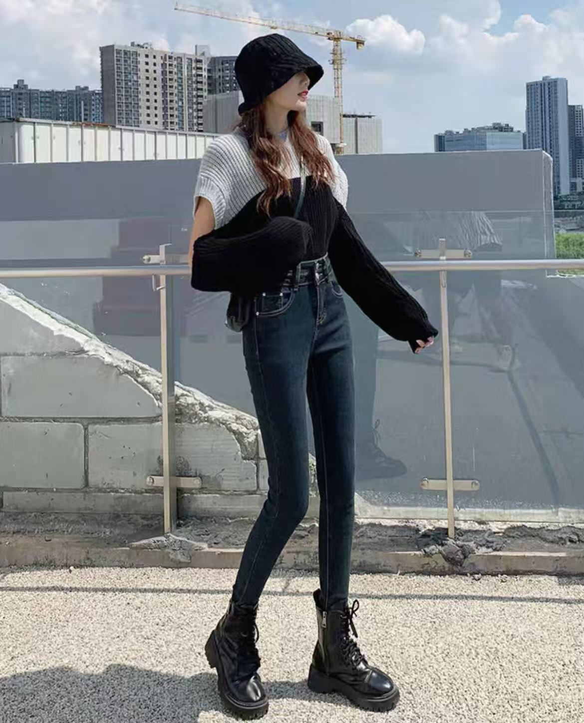 骨格ウェーブ服ハイウエストスキニーパンツ