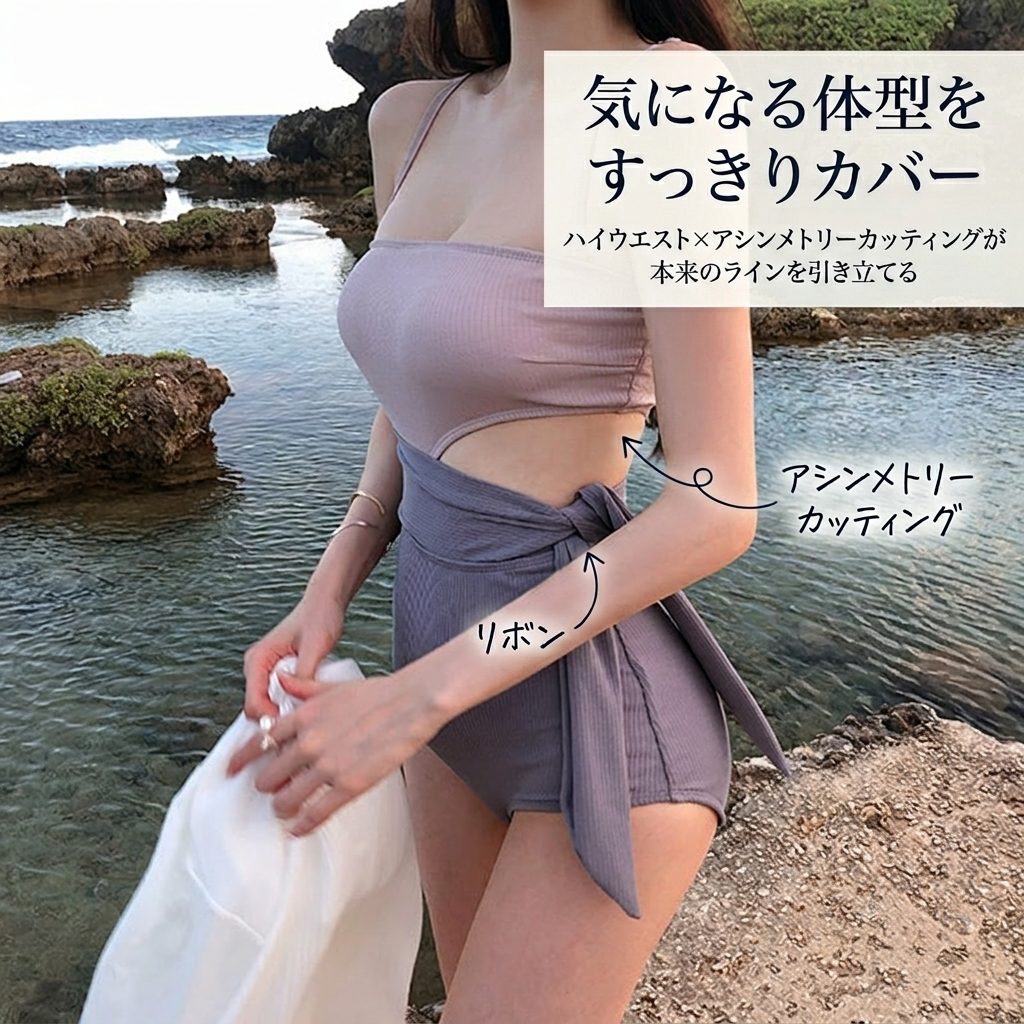 骨格ウェーブ ニュアンスカラー リボン&カッティング ワンピース水着