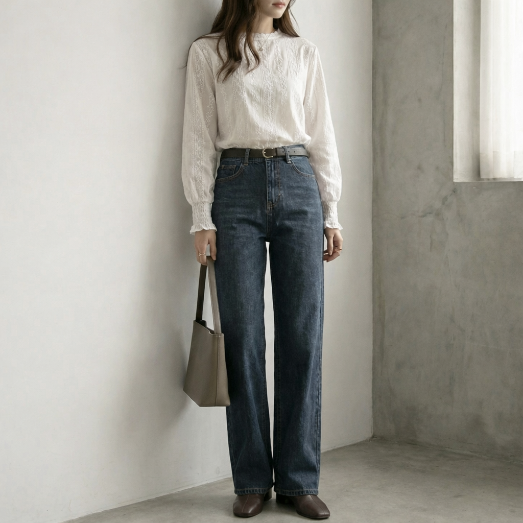 ハイウエストデニムジーンズ×バルーンレースブラウス