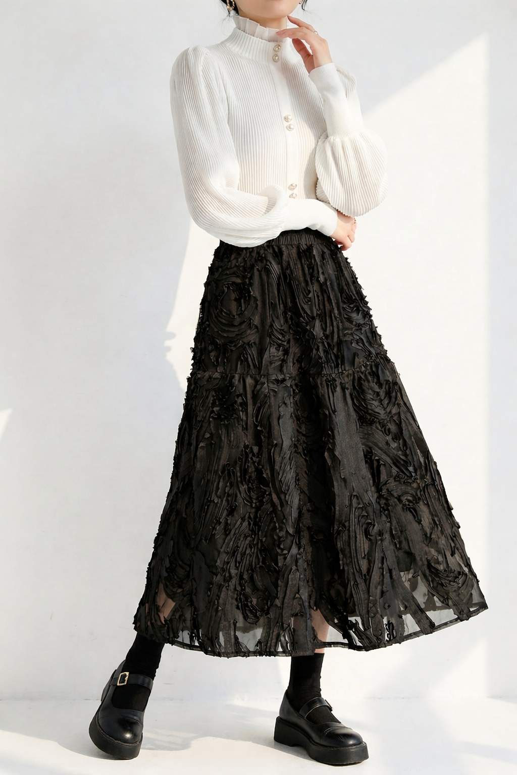 バルーンスリーブニット×フロッキーチュールロングスカート