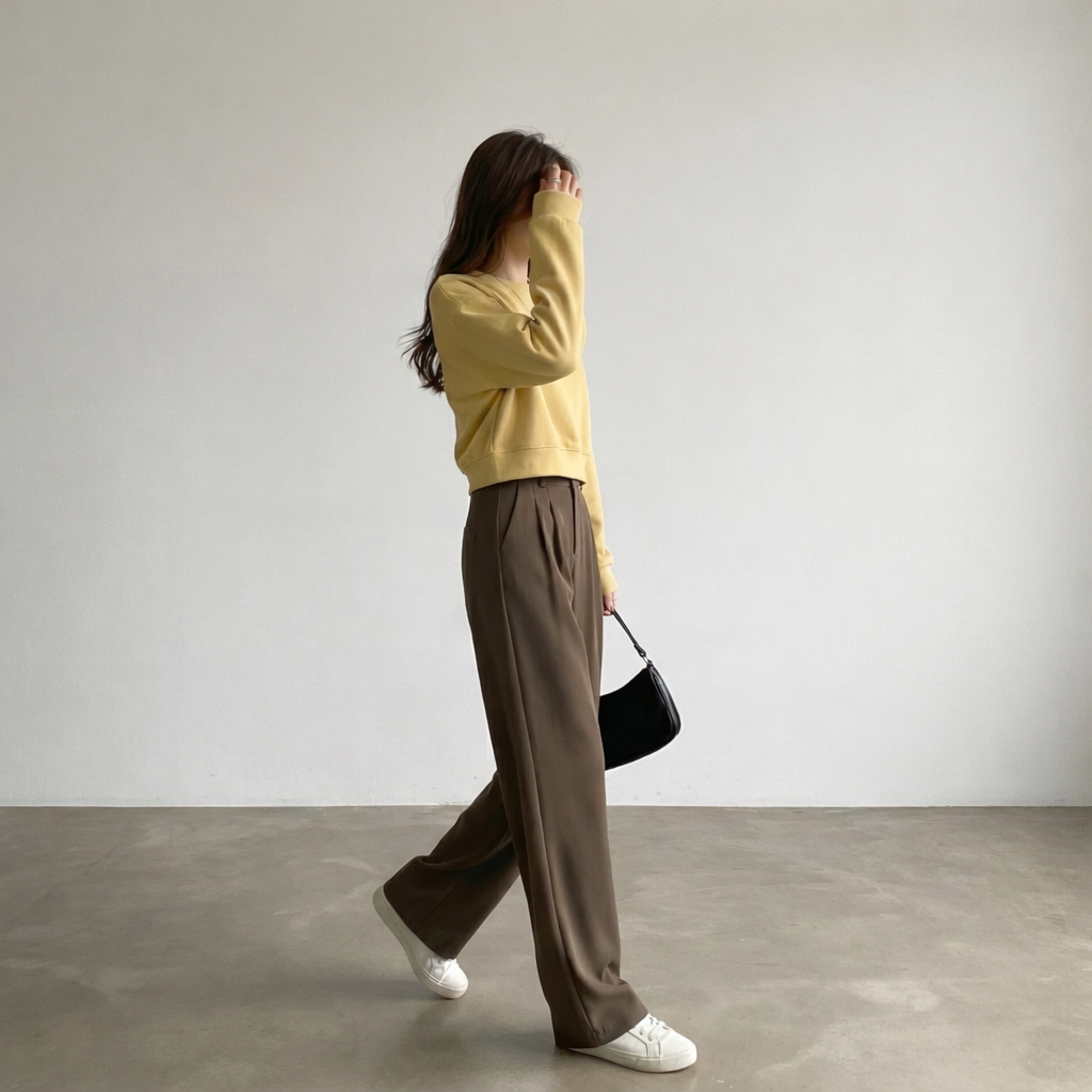 カラープルオーバータグ付きスウェット×タック ワイド ハイウエストパンツ