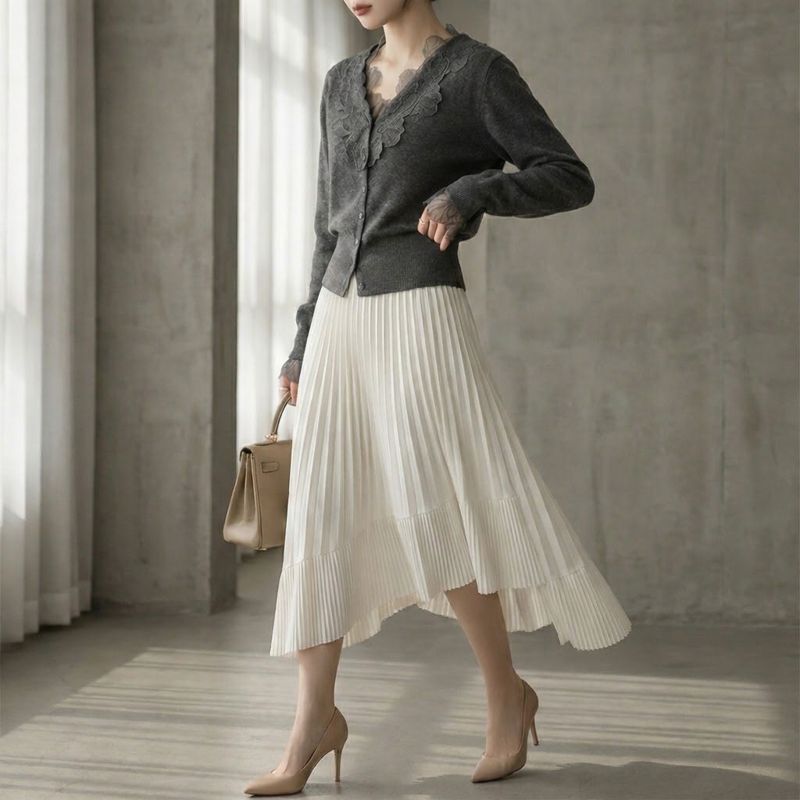 襟レース ニットカーディガン×イレギュラープリーツスカート