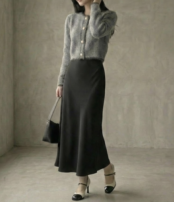 ふんわり配色ニットカーディガン×サテンマーメイドスカート