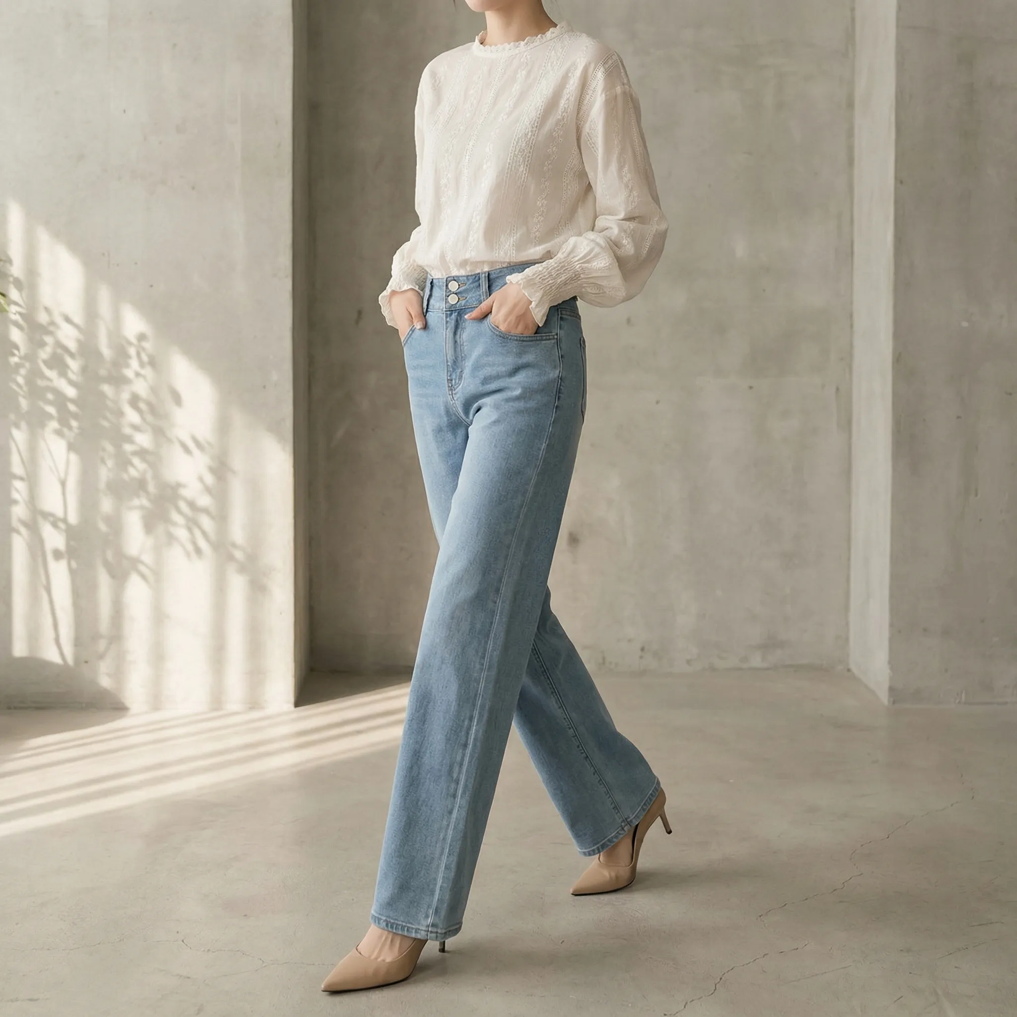 バルーンレースブラウス×Wボタン 美脚ストレートデニムパンツ