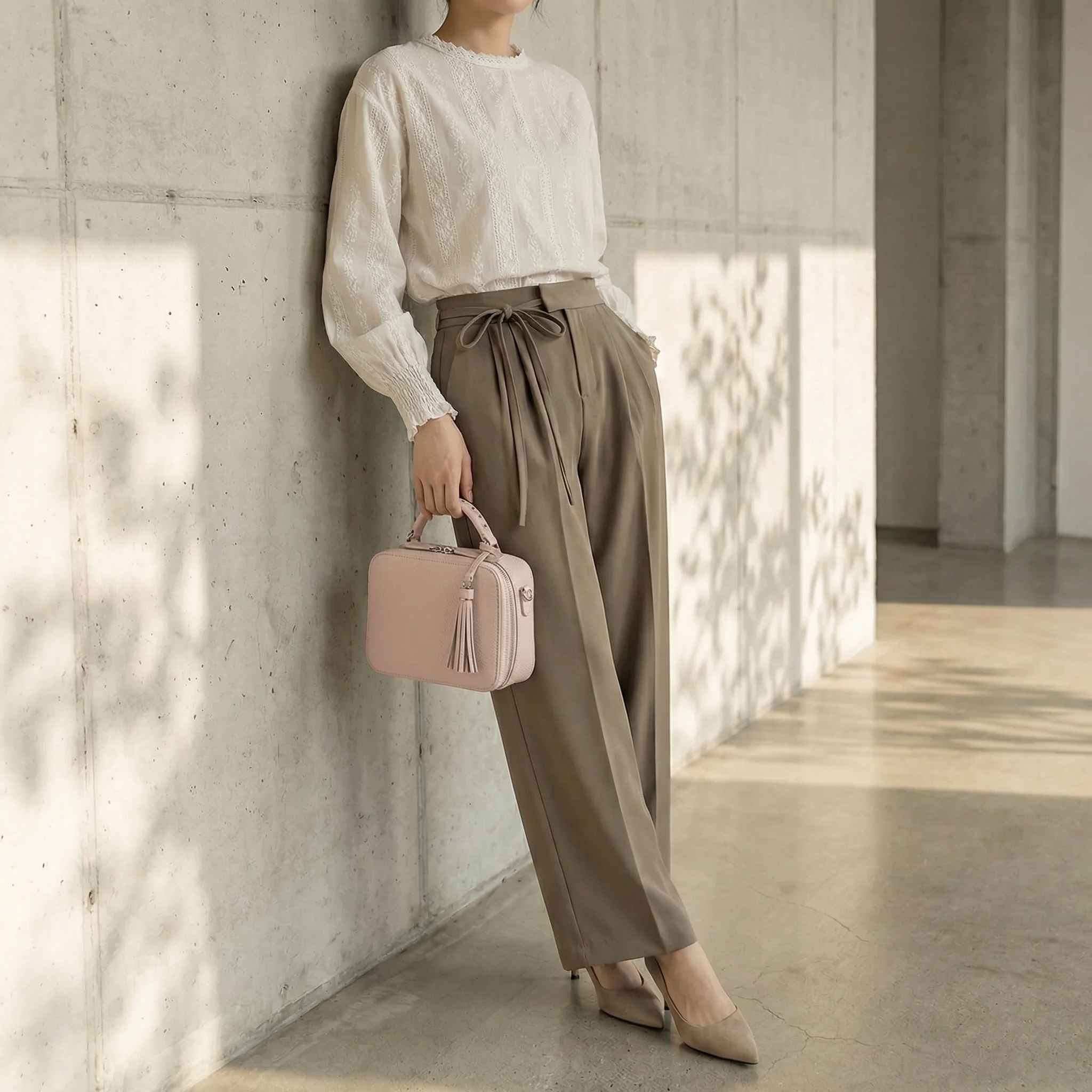 バルーンレースブラウス×リボンウエスト とろみワイドパンツ