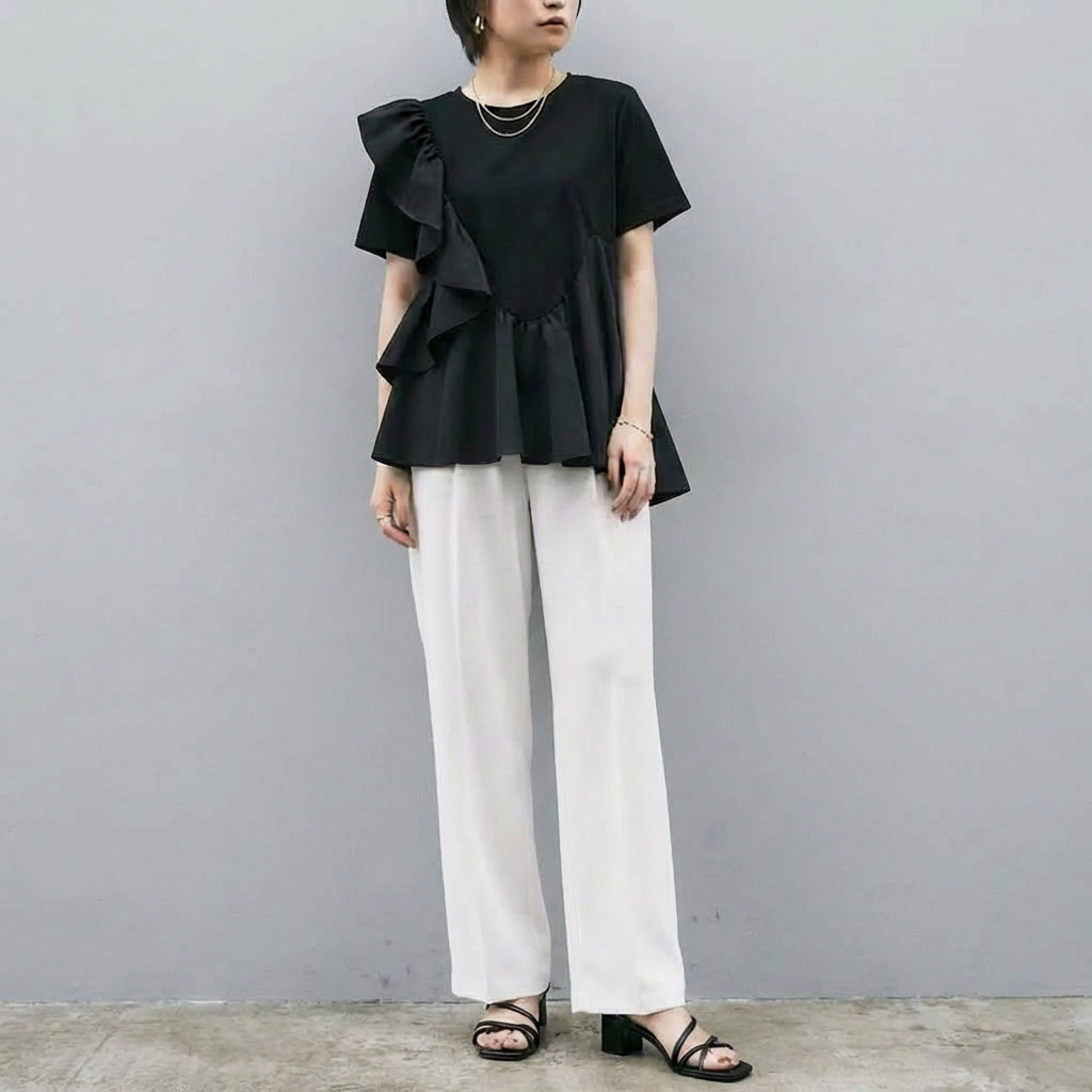 ウェーブベルト付きワイドパンツスーツ×フリルカットソー
