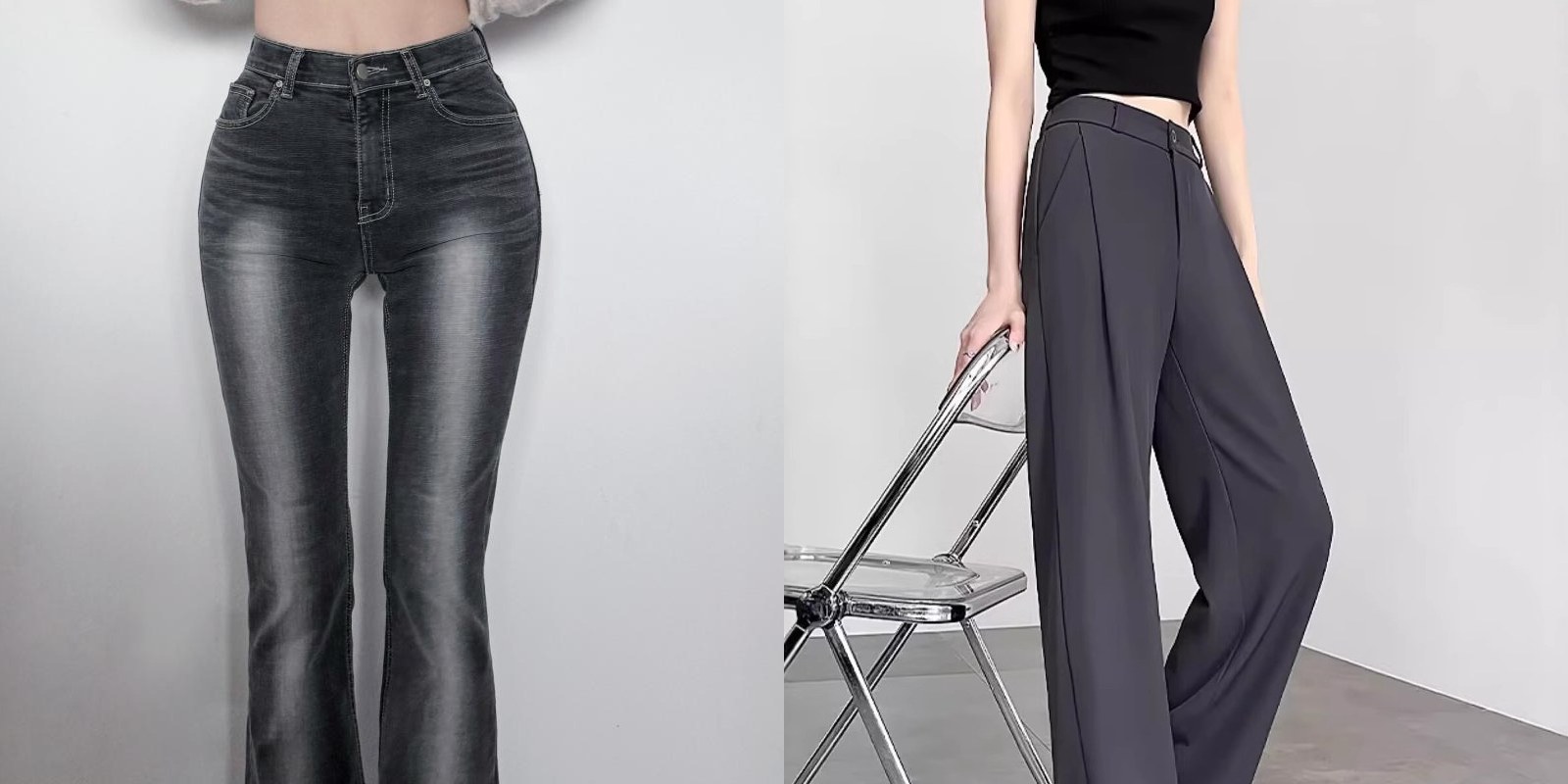 骨格ウェーブに似合う秋のパンツ。ハイウエストのフレアデニムとタックワイドパンツの着用イメージ