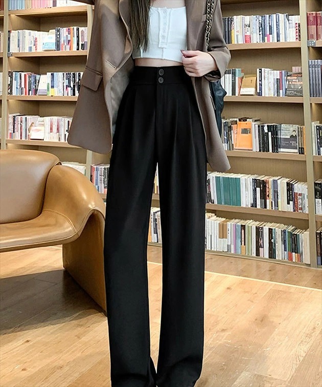 骨格ウェーブ ハイウエスト 万能ストレートスラックスパンツ