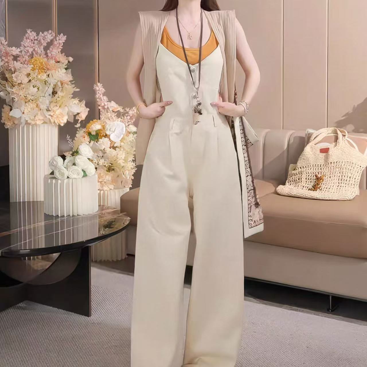 骨格カーキ色デニムワイドオールインワン