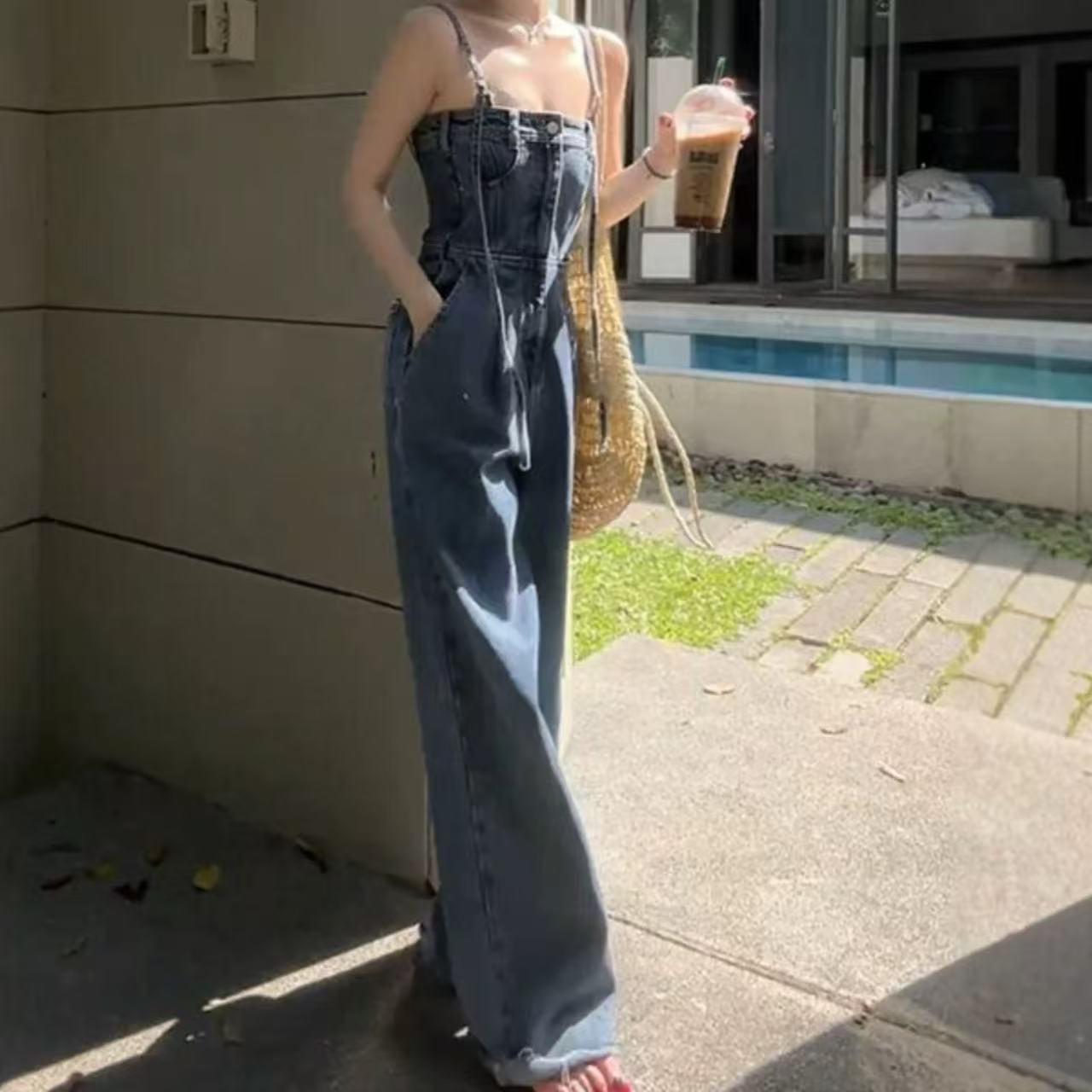 骨格ハイウエスト×ワイドストレート オールインワン レディース