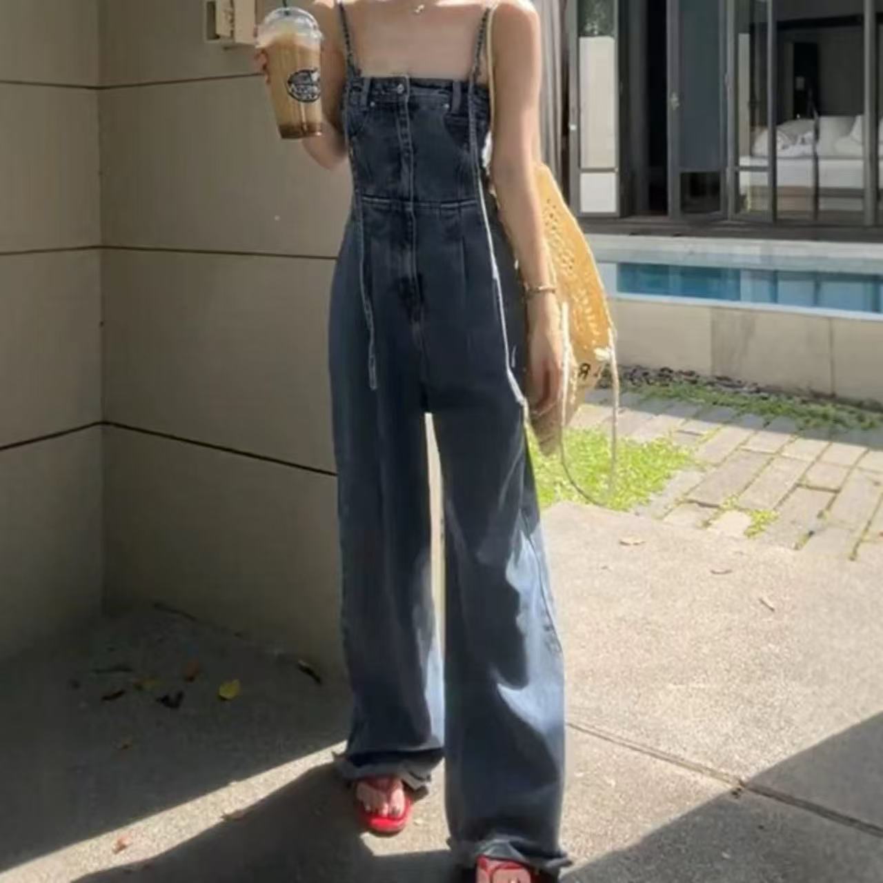 骨格ハイウエスト×ワイドストレート オールインワン レディース