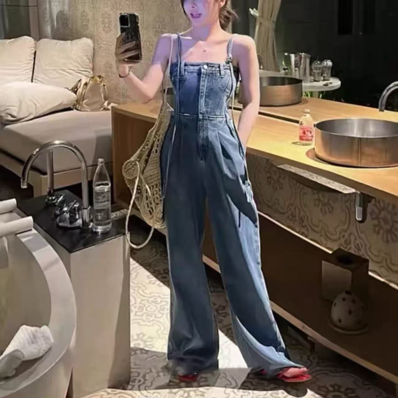 骨格ハイウエスト×ワイドストレート オールインワン レディース