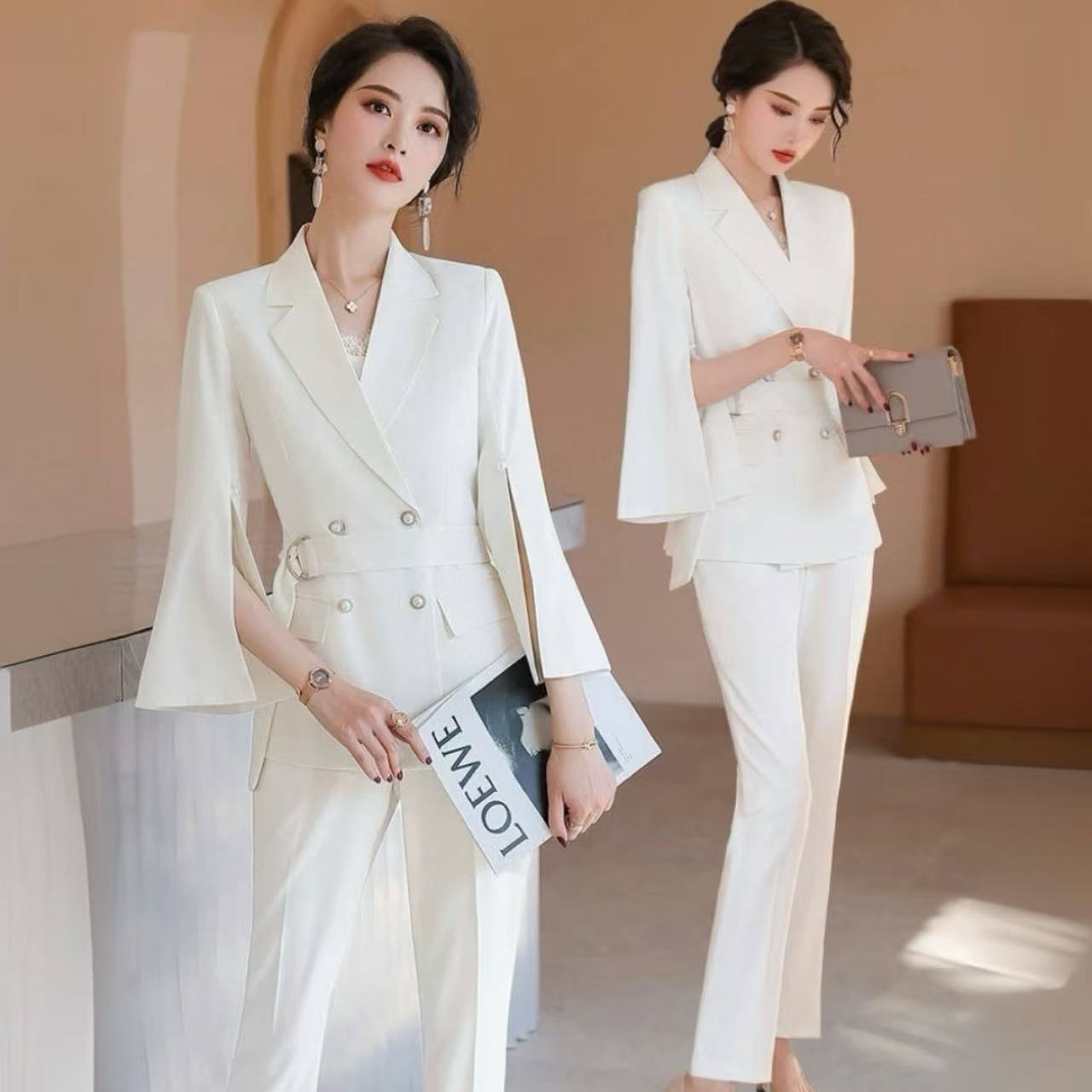 骨格ウェーブケープ九分丈スリーブダブルボタンパンツスーツ