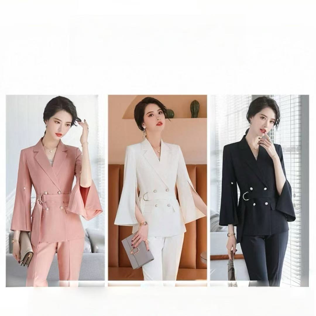 骨格ウェーブケープ九分丈スリーブダブルボタンパンツスーツ